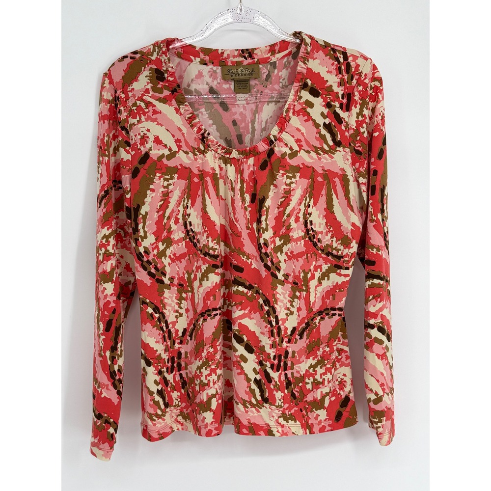Peck & Peck Weekend Pink Abstract Swirl Long Sleeve Top Womens Scoop Neck Sz L